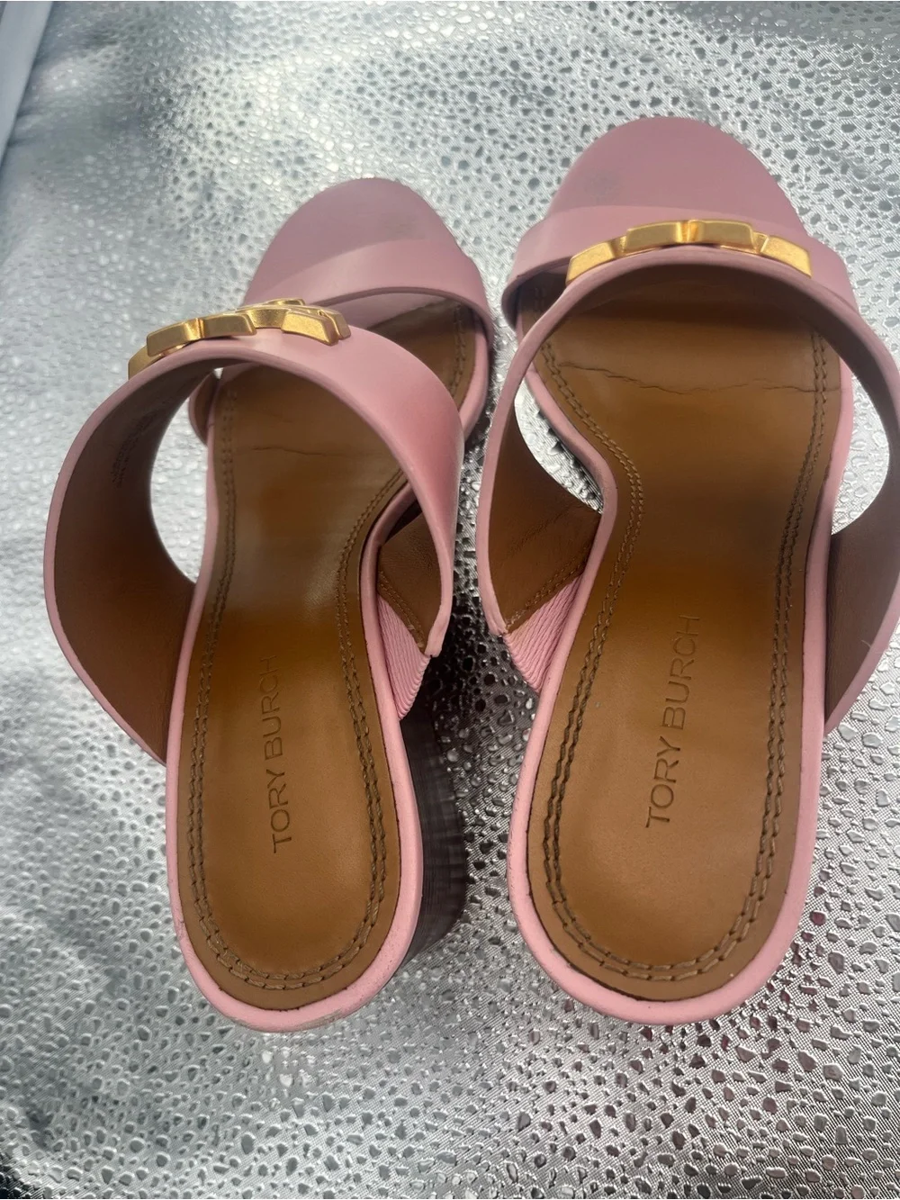 Tory Burch Pink Leather Gold Logo Block Heel Mules Size 5